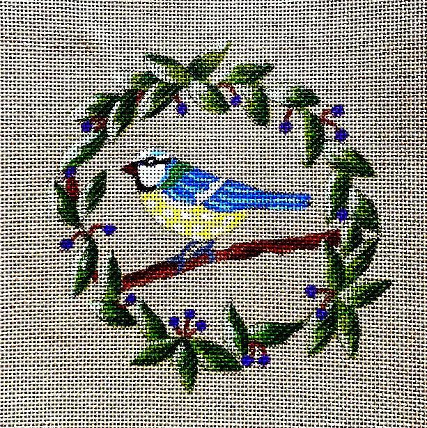 La Mésange — Hand-painted needlepoint canvas by Annie Bouquet, showing detailed stitchwork