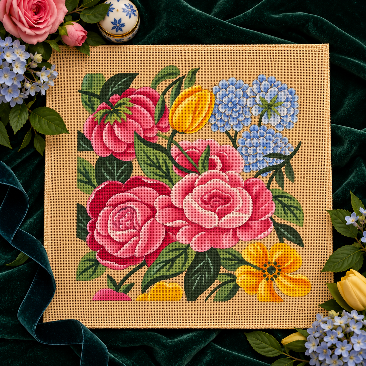 Le bouquet de roses aux hortensias