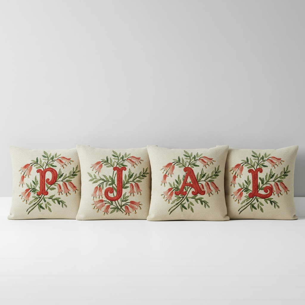 INITIALS IN CORAL BELL-SHAPED FLOWERS