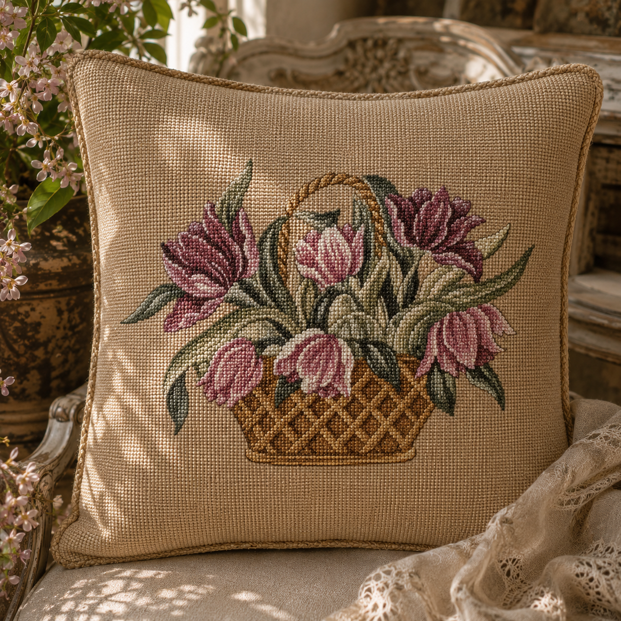 The basket of red and pink tulips