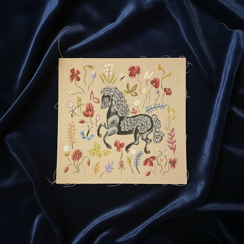 Canevas peint main Le cheval fleuri