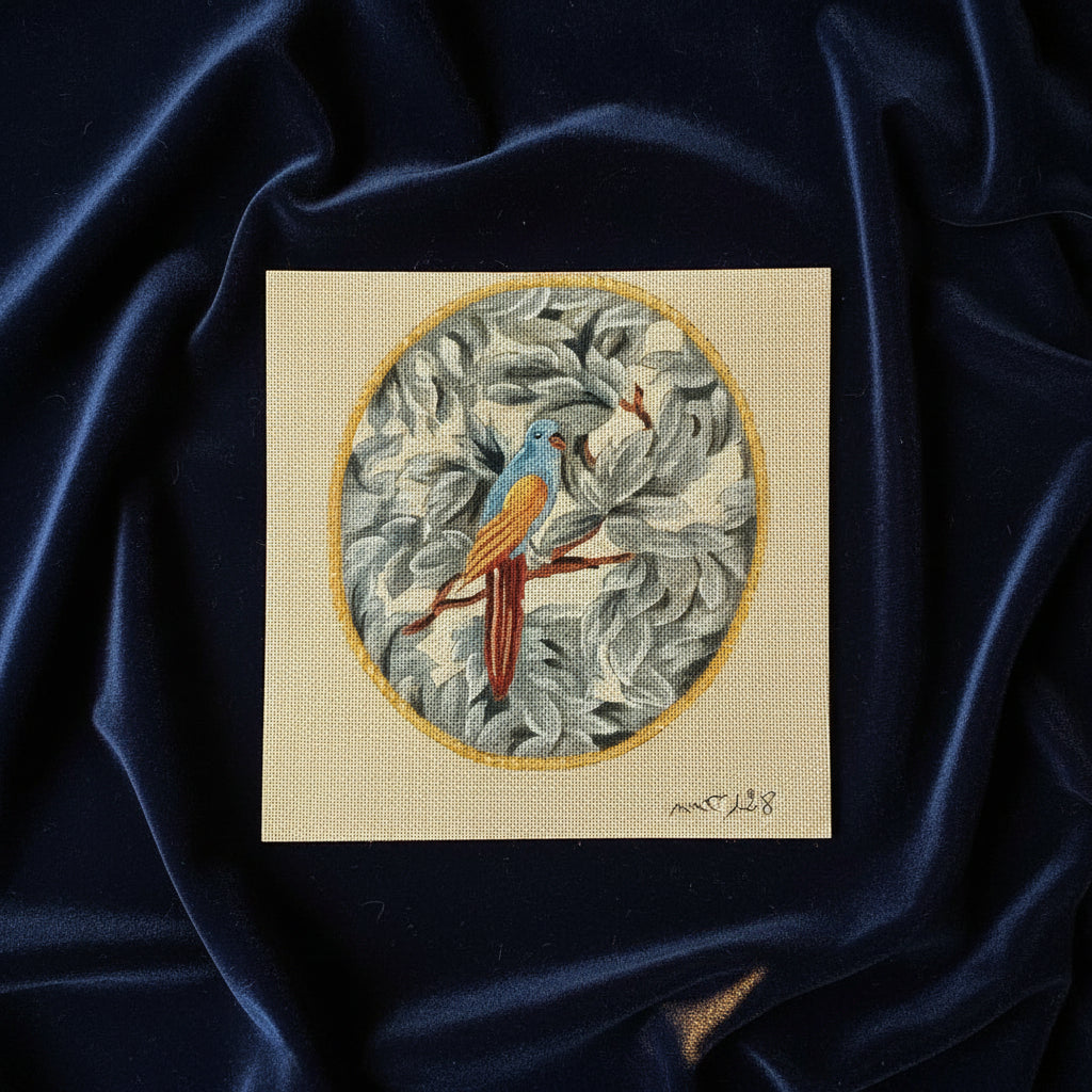 Canevas peint main Le medaillon a l oiseau