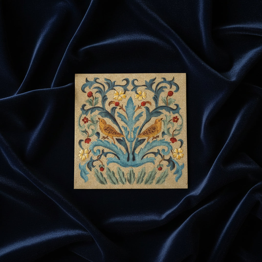 Canevas peint main Les oiseaux aux rinceaux bleus