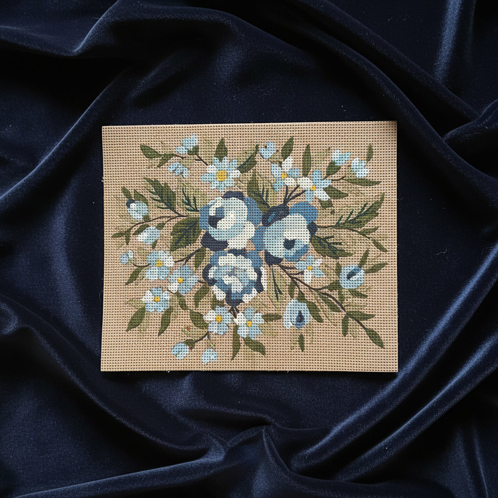 Canevas peint main Le bouquet bleu et blanc
