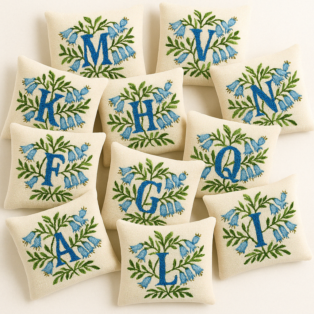 INITIALS IN BLUE BELL-SHAPED FLOWERS