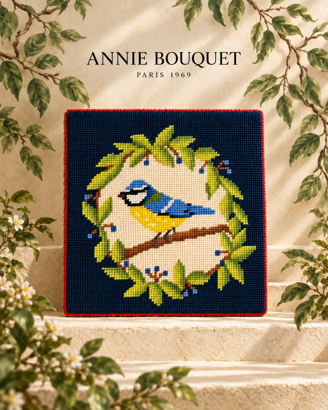 Mésange bleue brodée au canevas dans une couronne de feuillage et de baies bleues